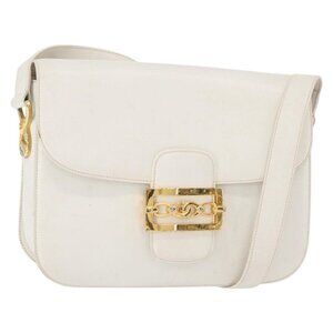 Authentic CELINE Shoulder Bag Leather White Gold